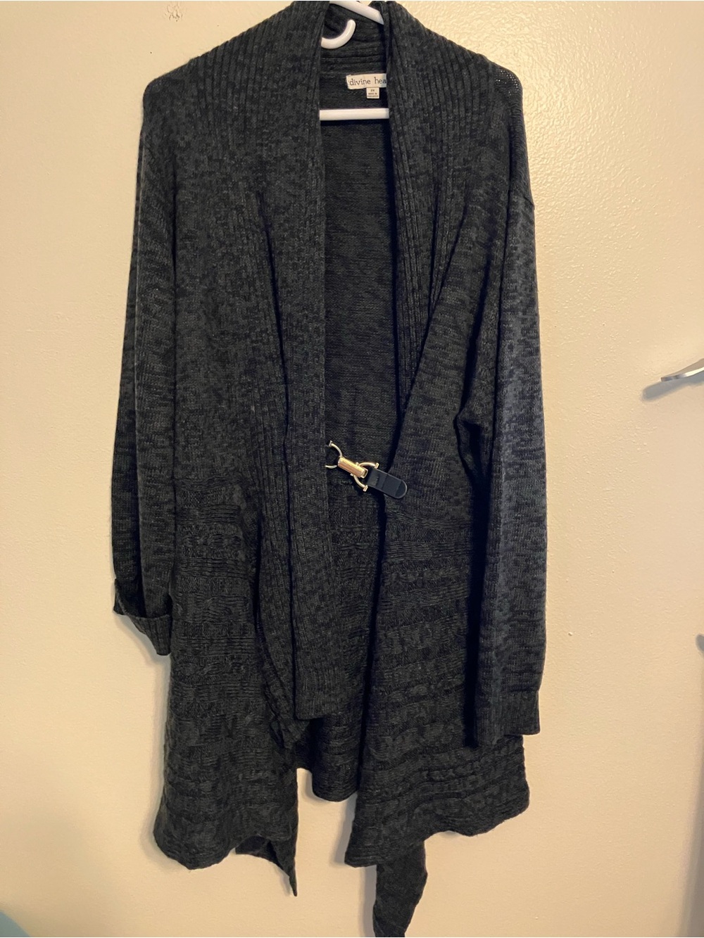Divine Heart Charcoal Open-Front Drape Cardigan with Buckle